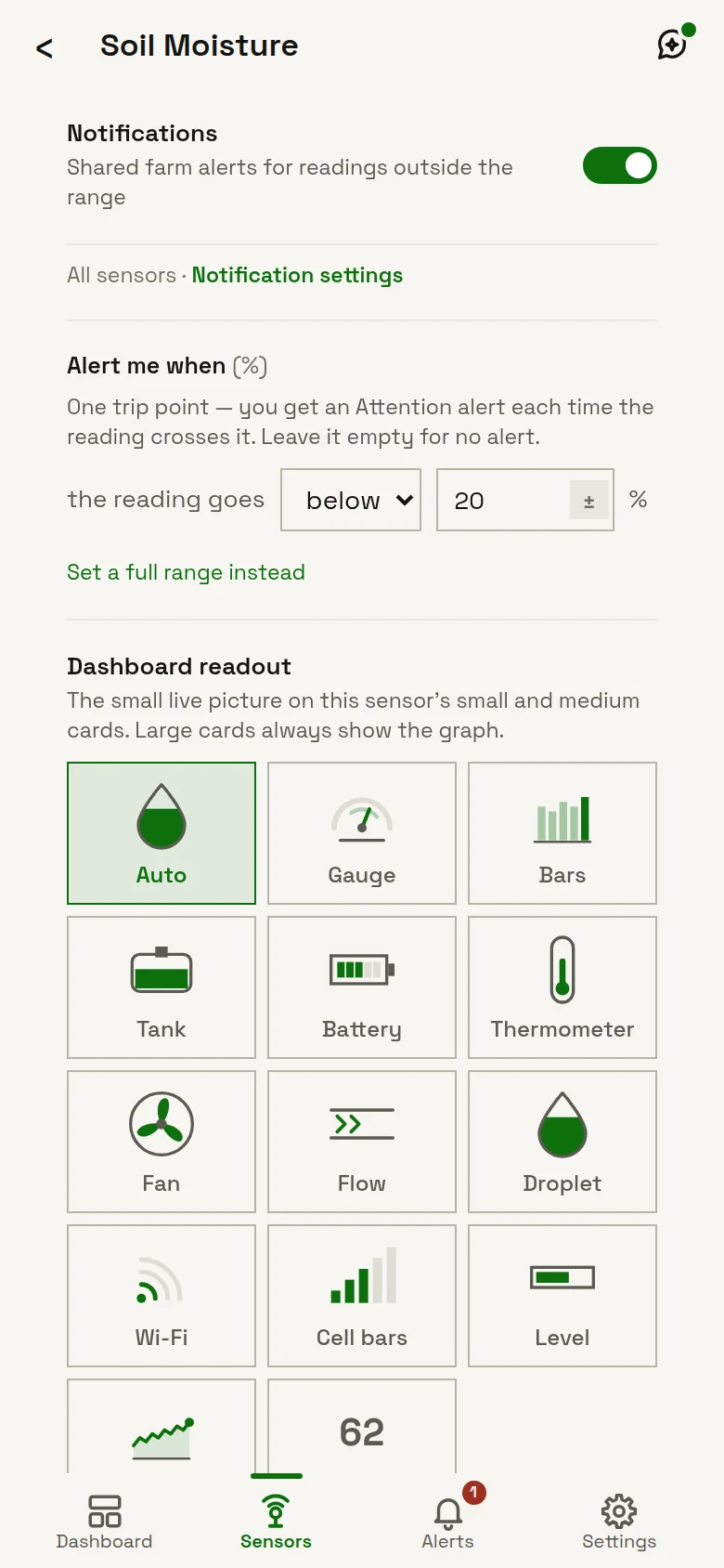 Sensor settings for soil moisture: an alert rule reading “the reading goes below 20 %”, and a choice of how the sensor looks on the dashboard — a gauge, bars, a tank, a battery, a thermometer and more.