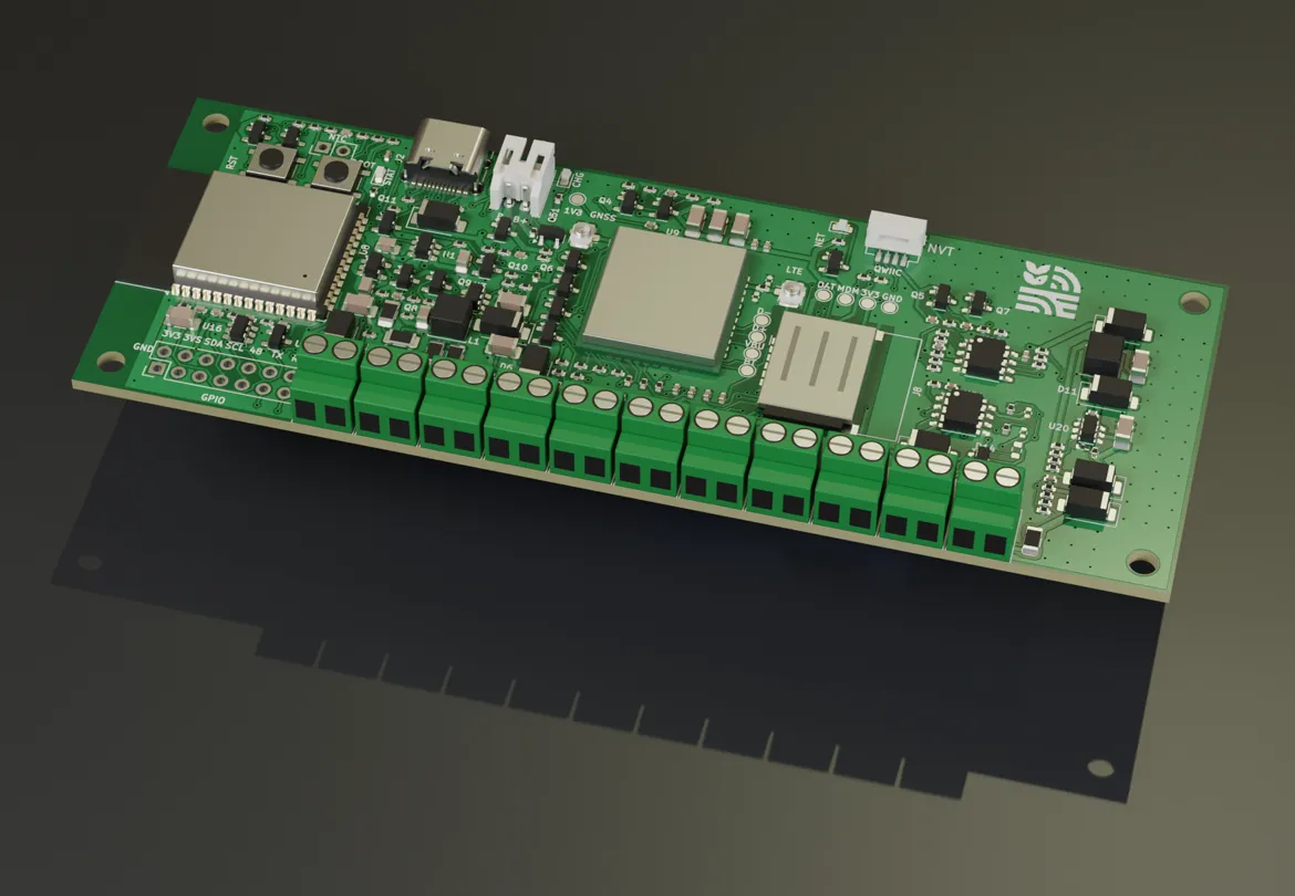 A long, narrow green circuit board seen from above at an angle: a row of green screw terminals along the front edge, with a processor module, a cellular modem and a SIM holder behind them.