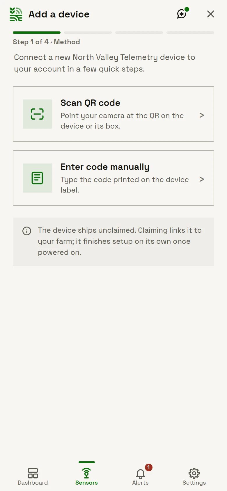 Add a device, step one of four: scan a QR code, or enter the code printed on the device label. A note explains the device ships unclaimed and finishes setup on its own once powered on.